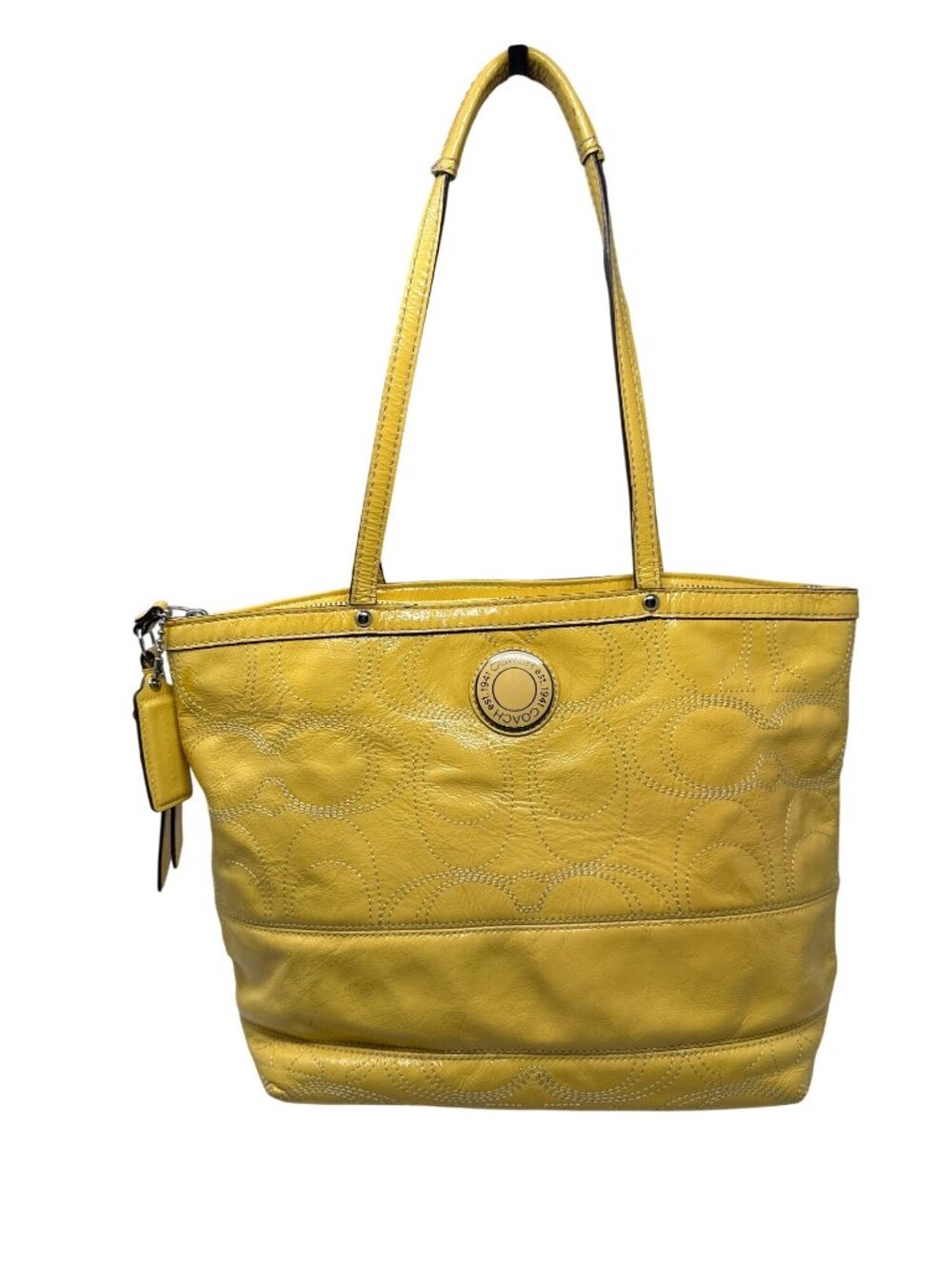 Coach Signature F19198 Yellow Patent Leather Stitch Tote Bag Shoulder Satchel